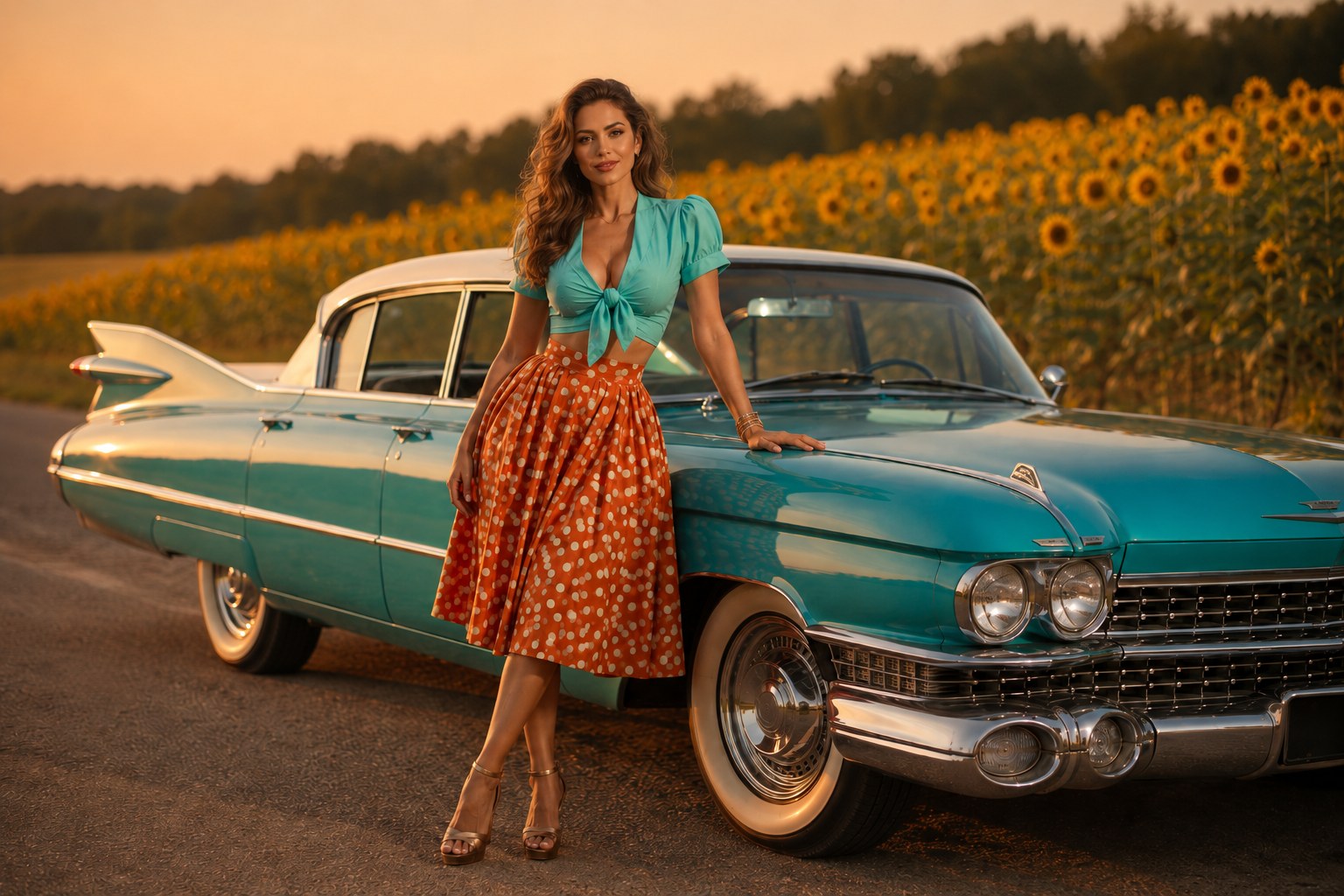 Model beside a turquoise classic Cadillac in a sunflower field at sunset