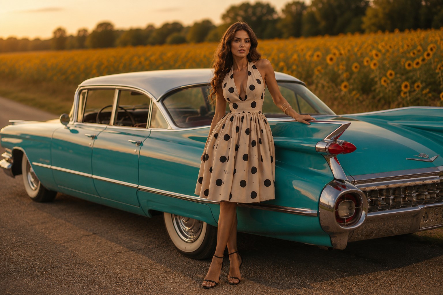 Model naast een turquoise klassieke Cadillac in een zonnebloemveld bij zonsondergang